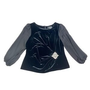 Alex Evenings Womens XL Black Velvet Sheer Sleeve‎ Rhinestone Brooch Blouse Top